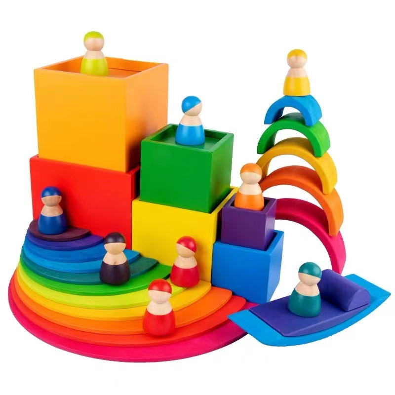 12 Pcs Rainbow Wooden Peg Dolls in Primary Colors