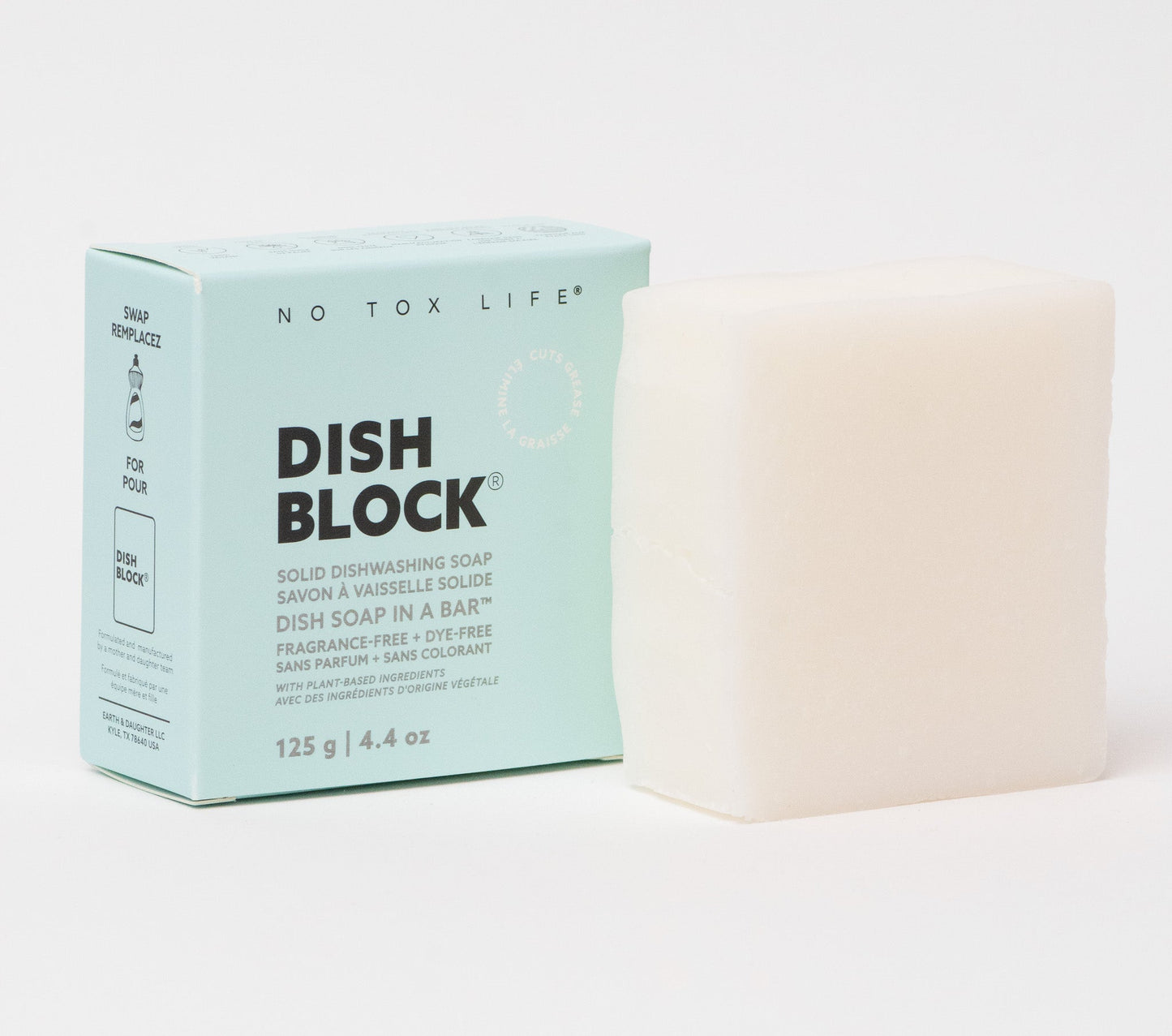 DISH BLOCK® solid dish soap - 4.4 oz (125g) bar - Fragrance Free - No Tox Life®