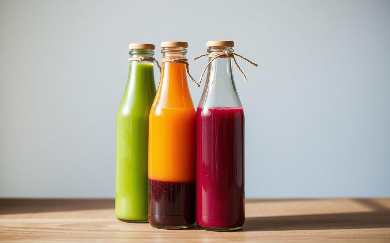 Three glass bottles with green, orange, and red cold-pressed juices tied with twine