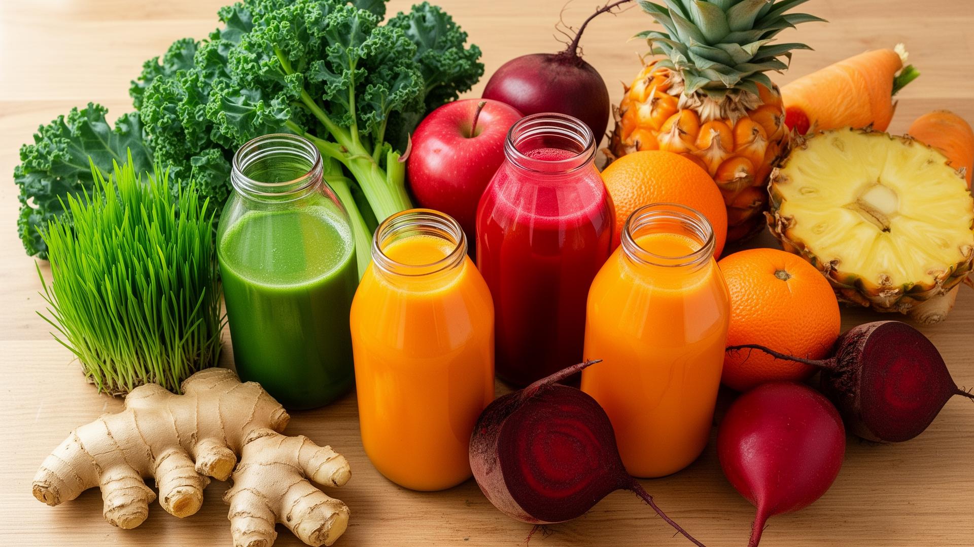 Cold-pressed juices in glass bottles surrounded by fresh kale, oranges, ginger, beets, pineapple, and wheatgrass