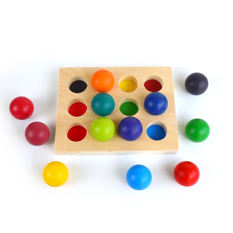 12 Pcs Rainbow Wooden Balls with Tray in Primary Colors Diameter 1.4 Inches