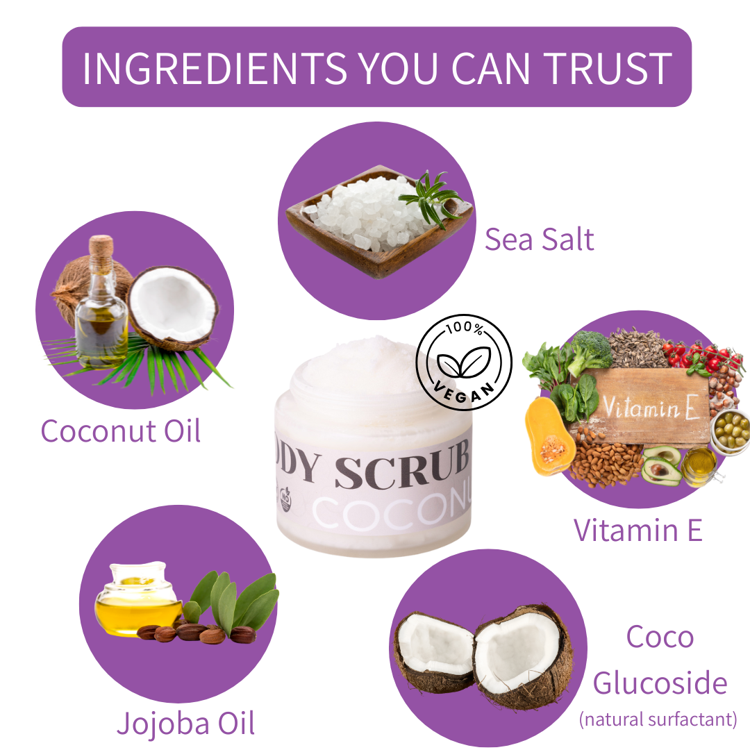 Natural Vegan Body Scrub (Rose or Coconut) Hydrating & Exfoliating for Radiant Skin